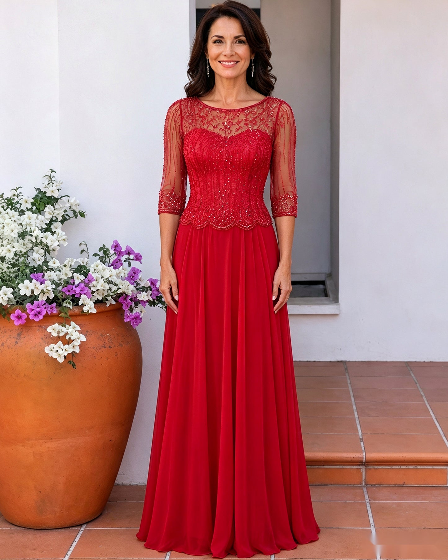 Illusion Lace Three-Quarter Sleeve A-Line Mother of the Bride Dress