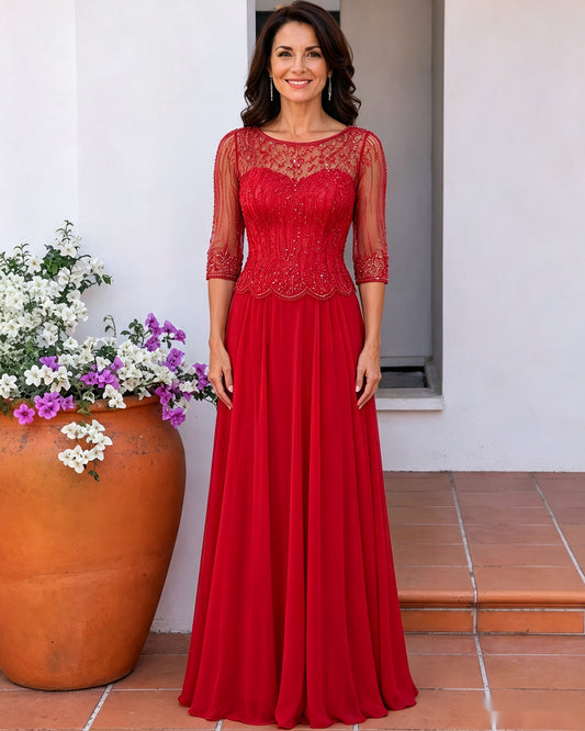 Illusion Lace Three-Quarter Sleeve A-Line Mother of the Bride Dress