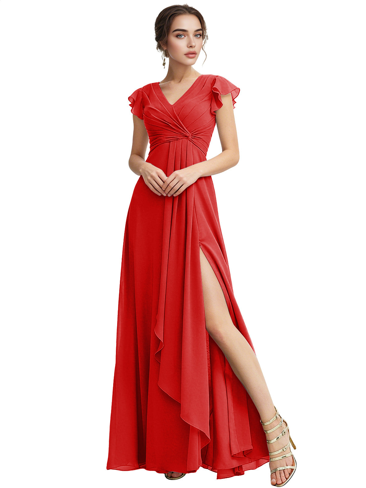 Cap Sleeve Chiffon Bridesmaid Dress with Ruffle V-Neck and Slit