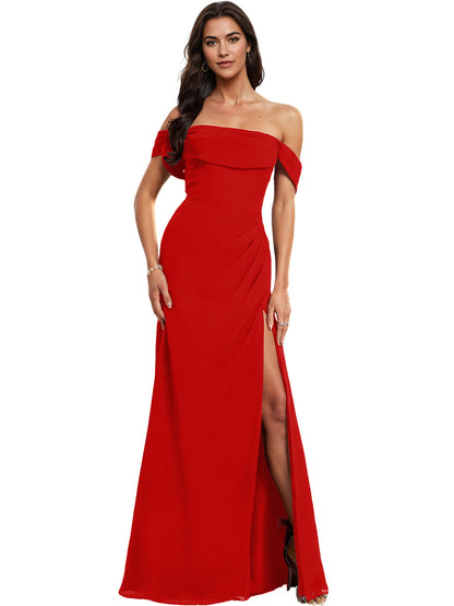 Off Shoulder Crepe Bridesmaid Dress with Foldover Neckline and Slit
