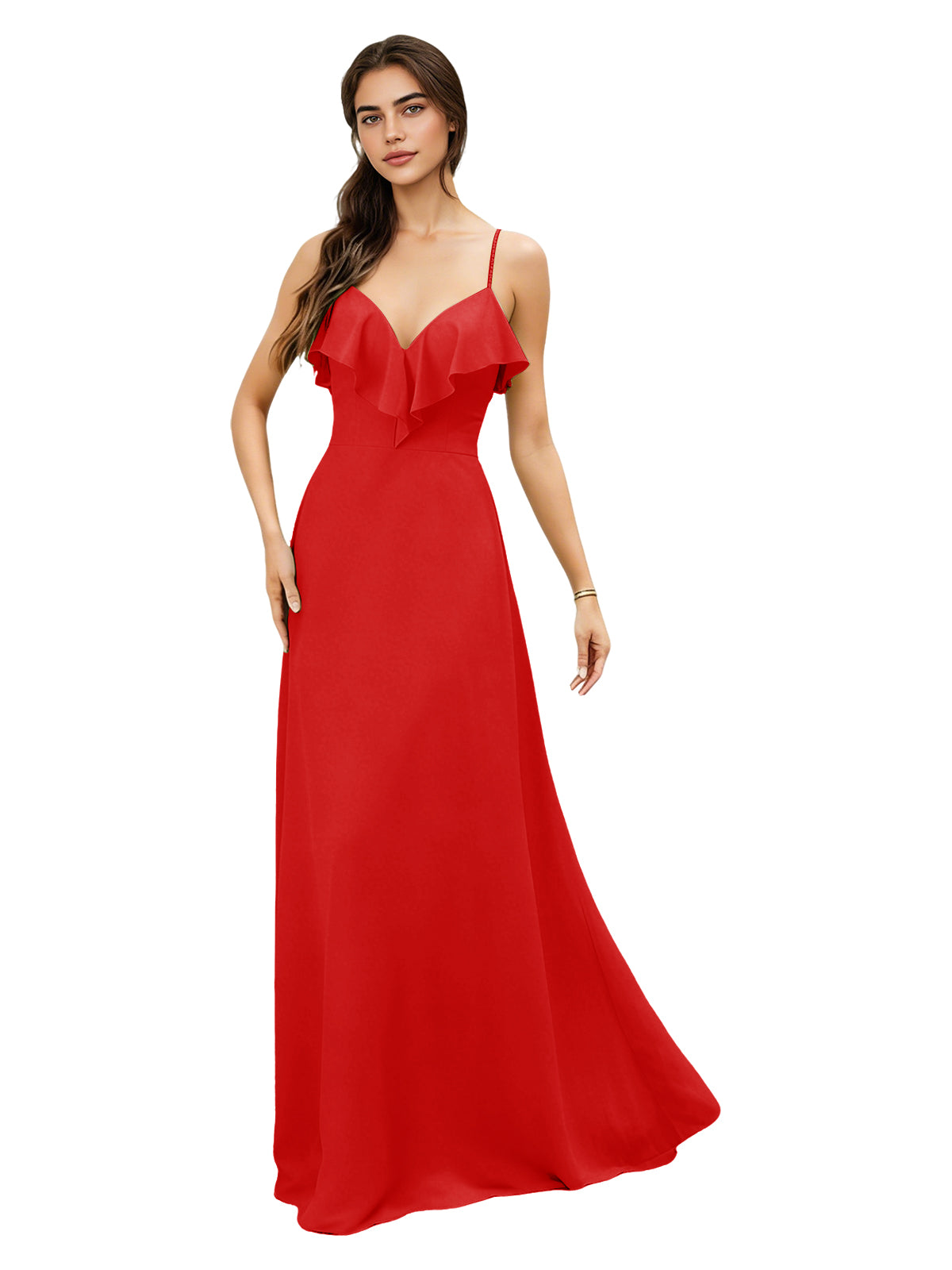 Ruffle V-Neck Chiffon Bridesmaid Dress with Spaghetti Straps