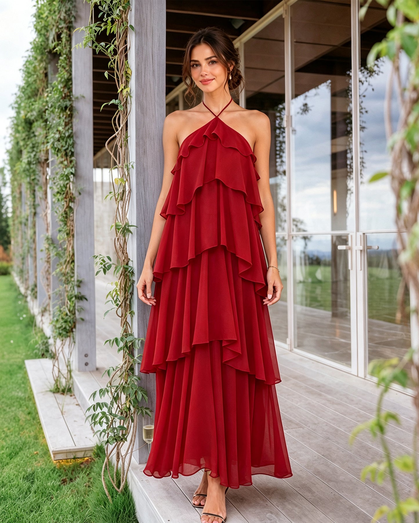 Halter Neck Tiered Chiffon Bridesmaid Dress with Ruffle Overlay