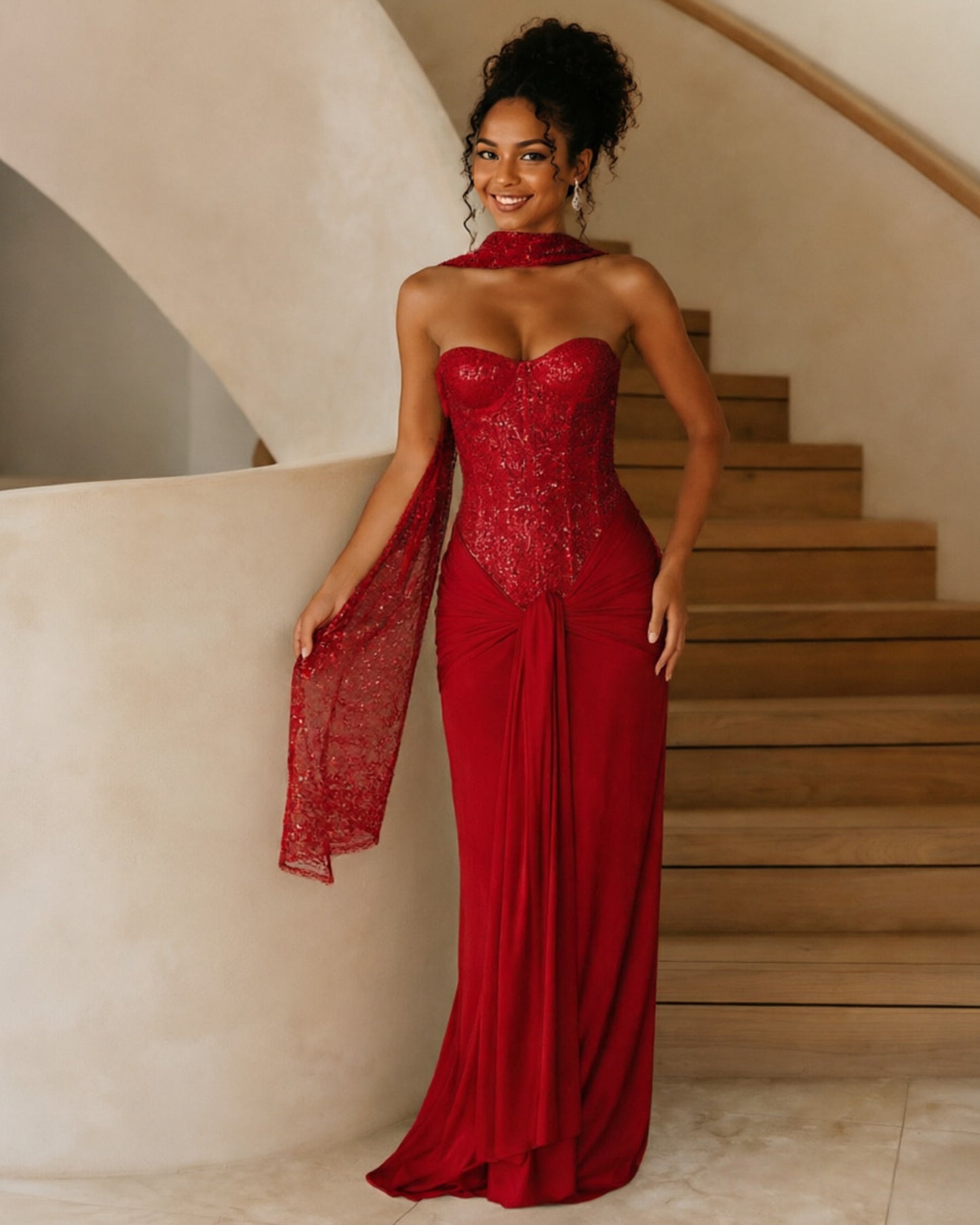 Strapless Sequin Corset Jersey Prom Dress with Draped Scarf Detail