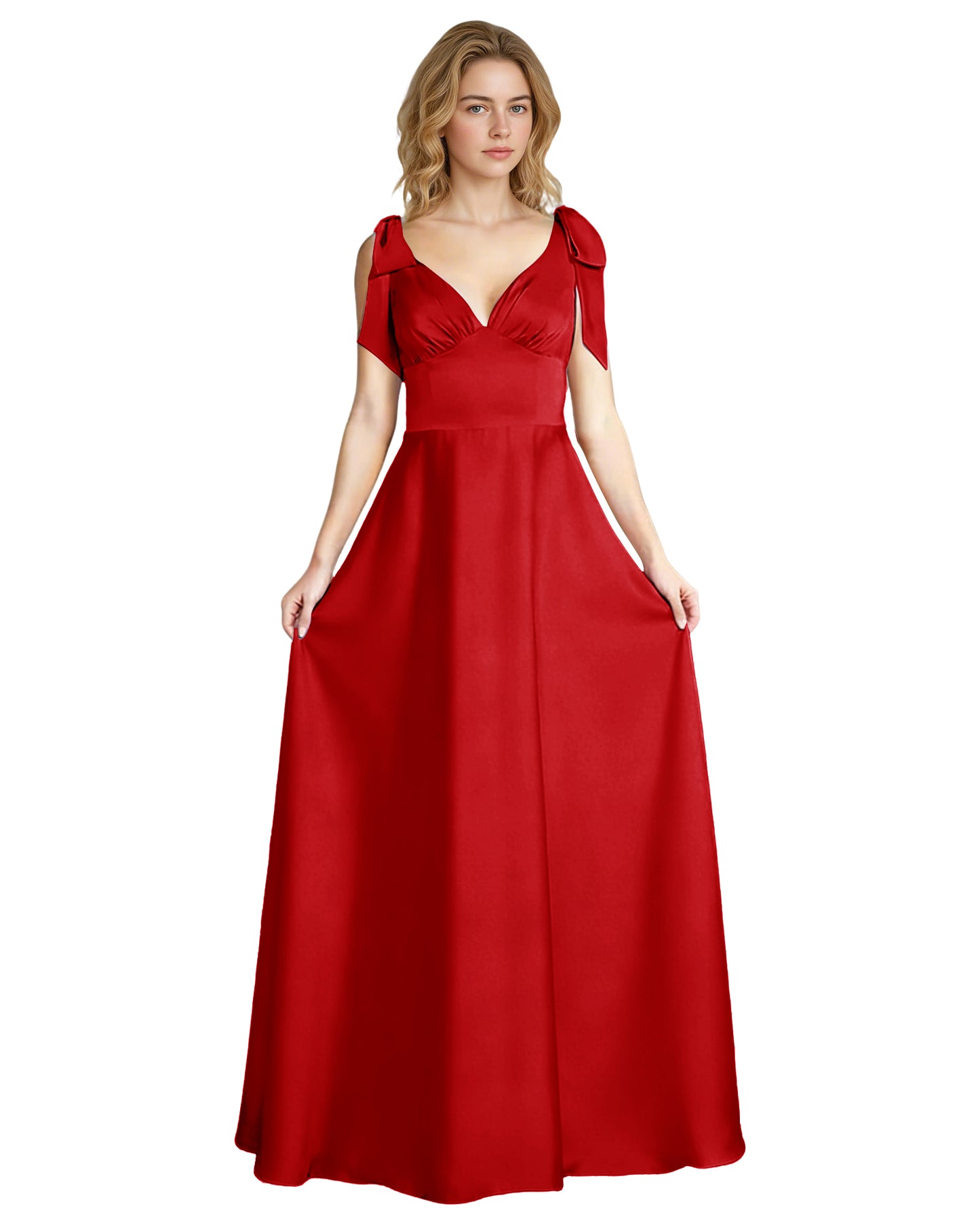 V-Neck Bow Strap Satin Bridesmaid Dress with Empire Waist