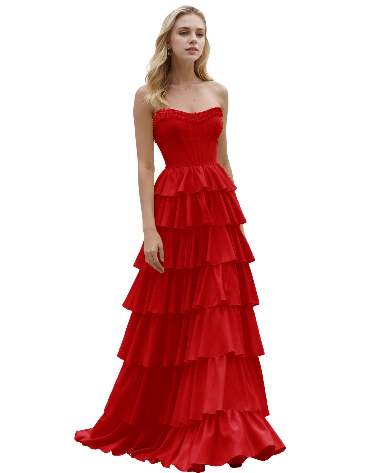 Strapless Tiered Ruffle A-Line Prom Dress with Corset Bodice