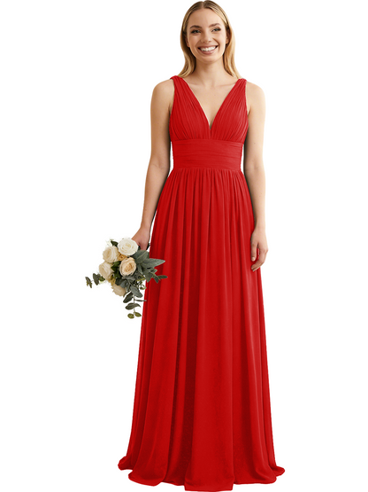 Deep V-Neck Chiffon Bridesmaid Dress with Pleated Waist