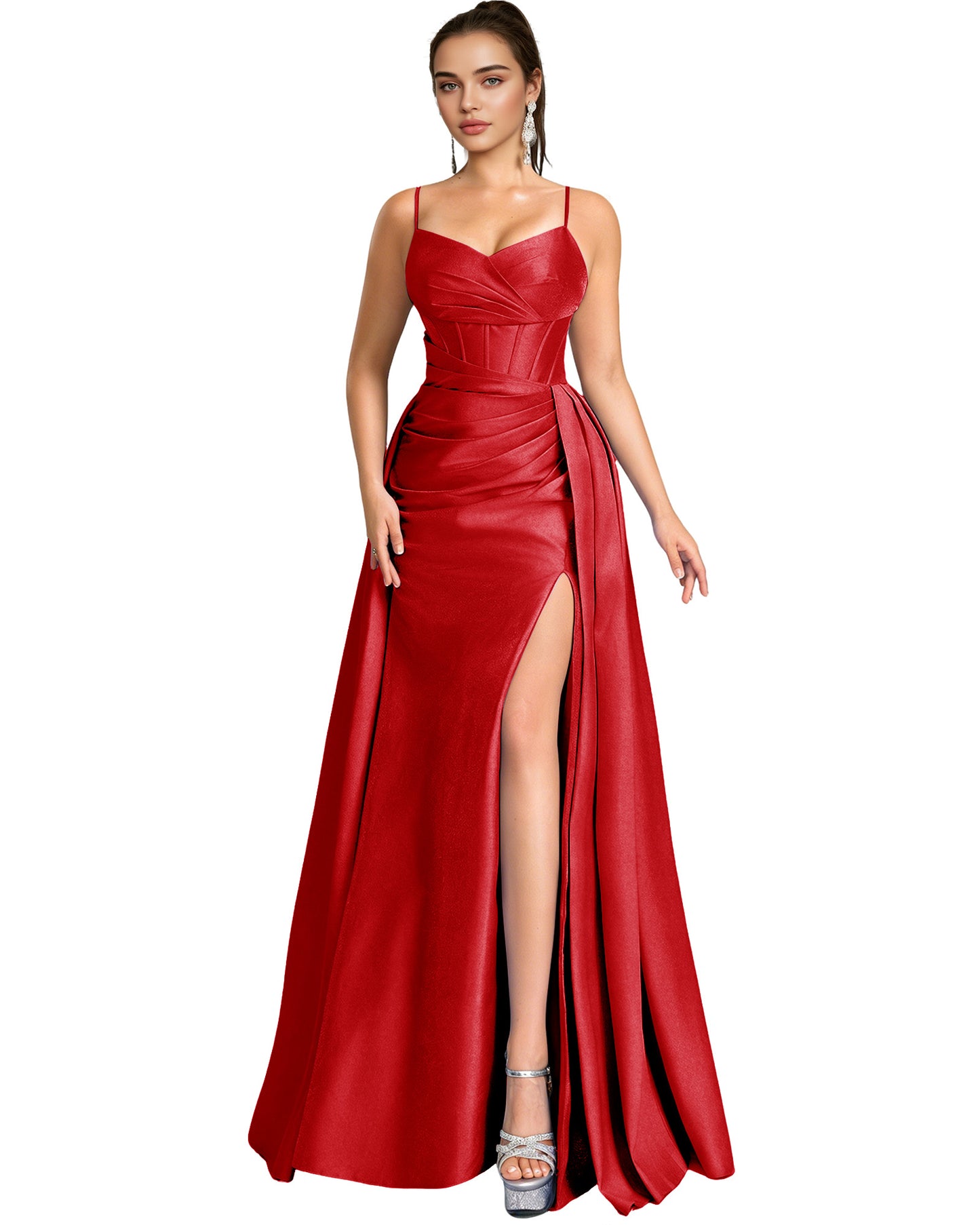 One Shoulder Satin A-Line Prom Dress with Wrap Bodice and Side Slit
