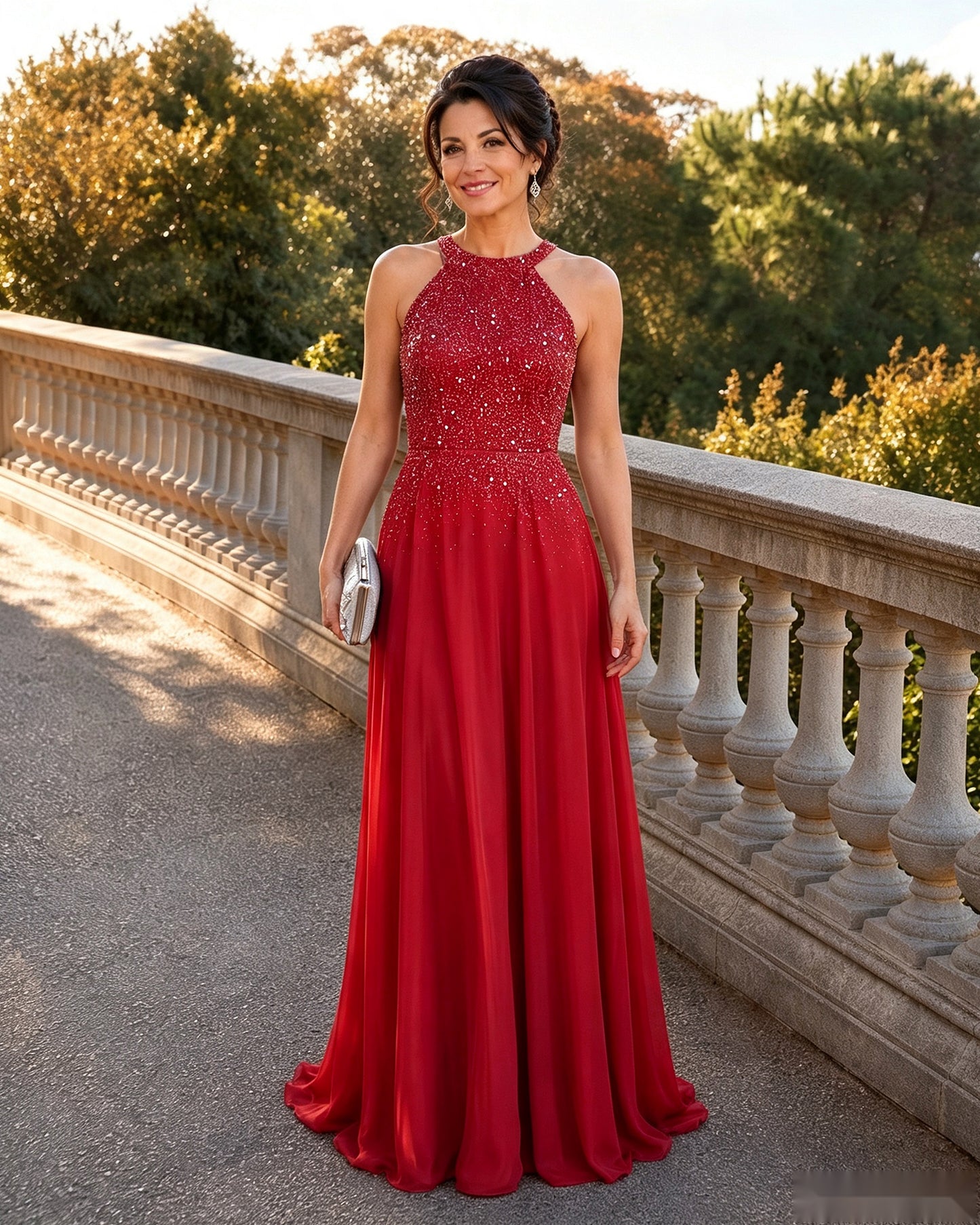 Halter Neck Sequin Chiffon A-Line Mother of the Bride Dress