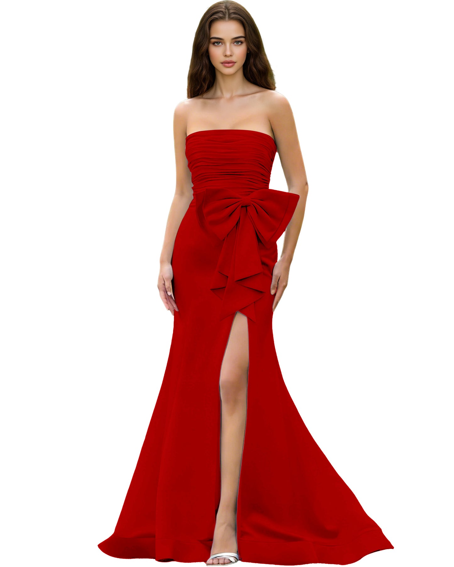 Strapless Bow Detail Satin Prom Dress with Ruched Bodice and Slit