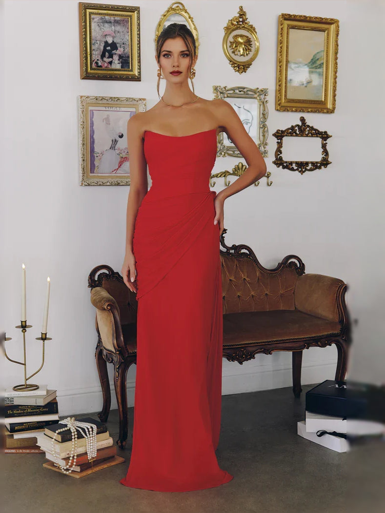Ruched Draped Strapless Mermaid Floor-Length Satin Prom Dress for Evening Banquet