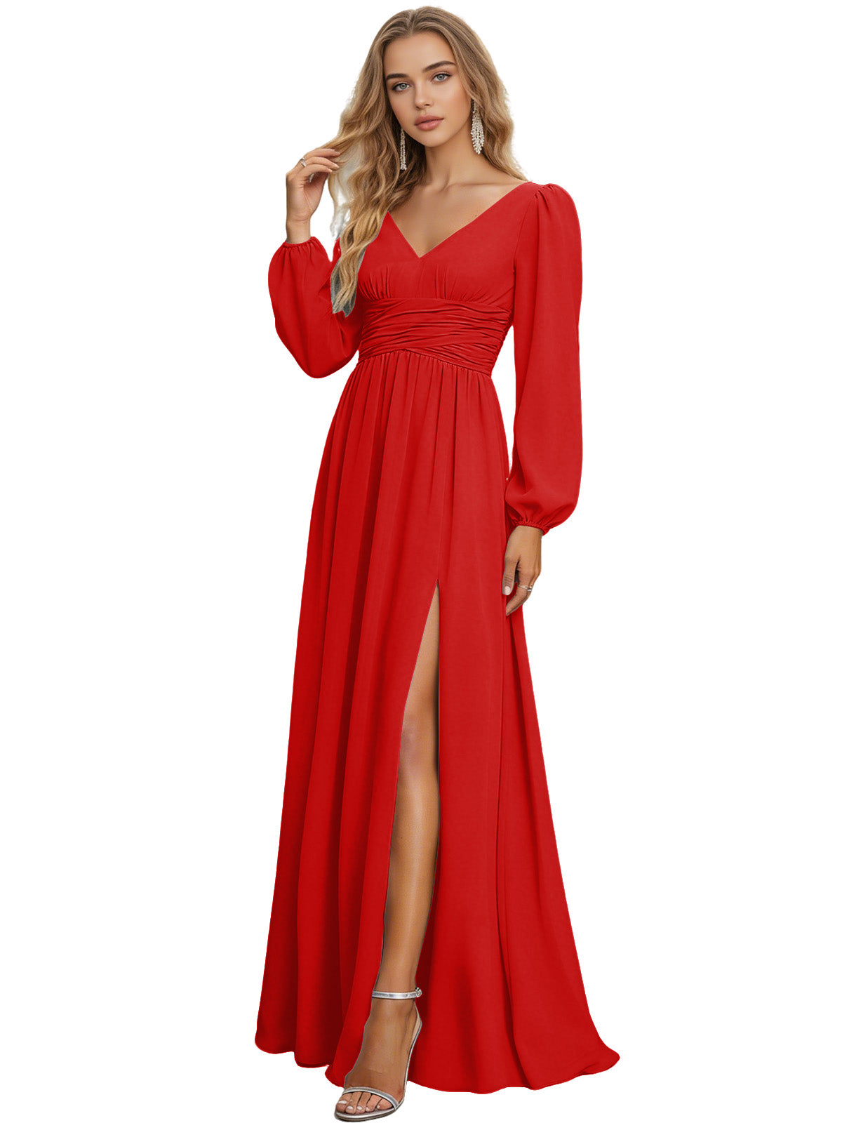 Long Sleeve V-Neck Chiffon Bridesmaid Dress with Front Slit