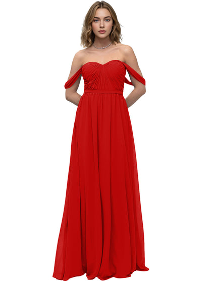 Off Shoulder Sweetheart Chiffon Bridesmaid Dress with Ruched Bodice