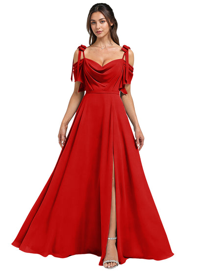 Cowl Neck Cold Shoulder Bridesmaid Dress with High Slit Chiffon Dress