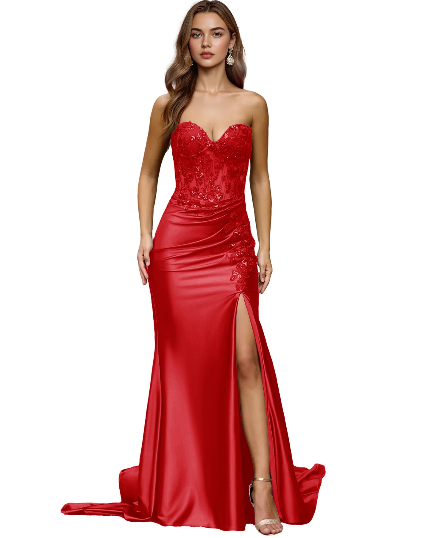 Strapless Emerald Satin Mermaid Prom Dress with Beaded Bodice and Slit