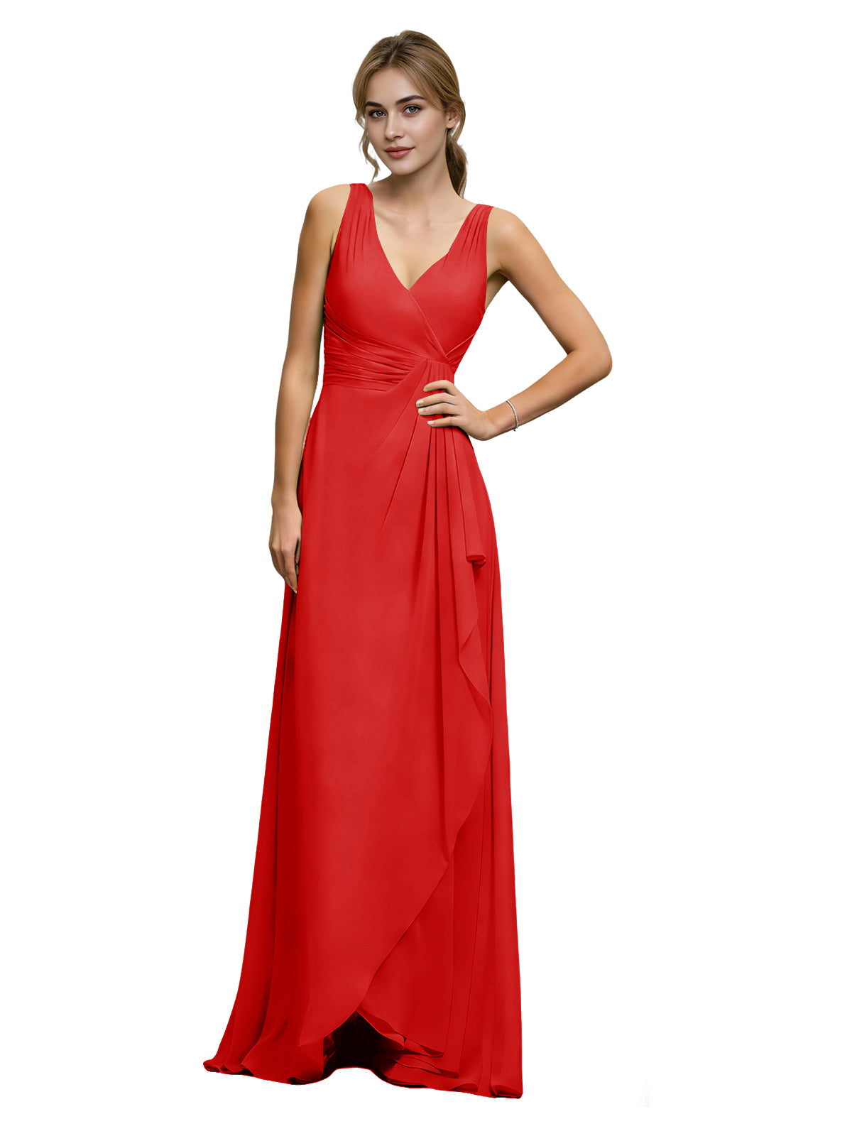 Halter V-Neck Chiffon Bridesmaid Dress with Draped Sash Waist