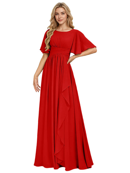 Flutter Sleeve Chiffon Bridesmaid Dress with Tiered Front Ruffle