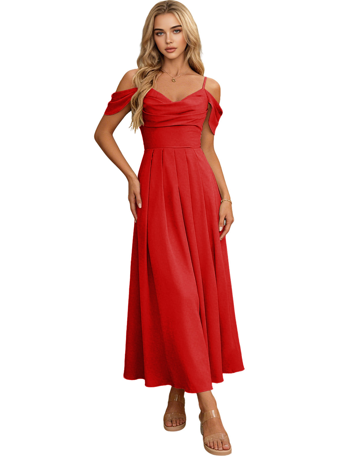 Off Shoulder Midi Bridesmaid Dress with Pleated Bodice and Flowing dress