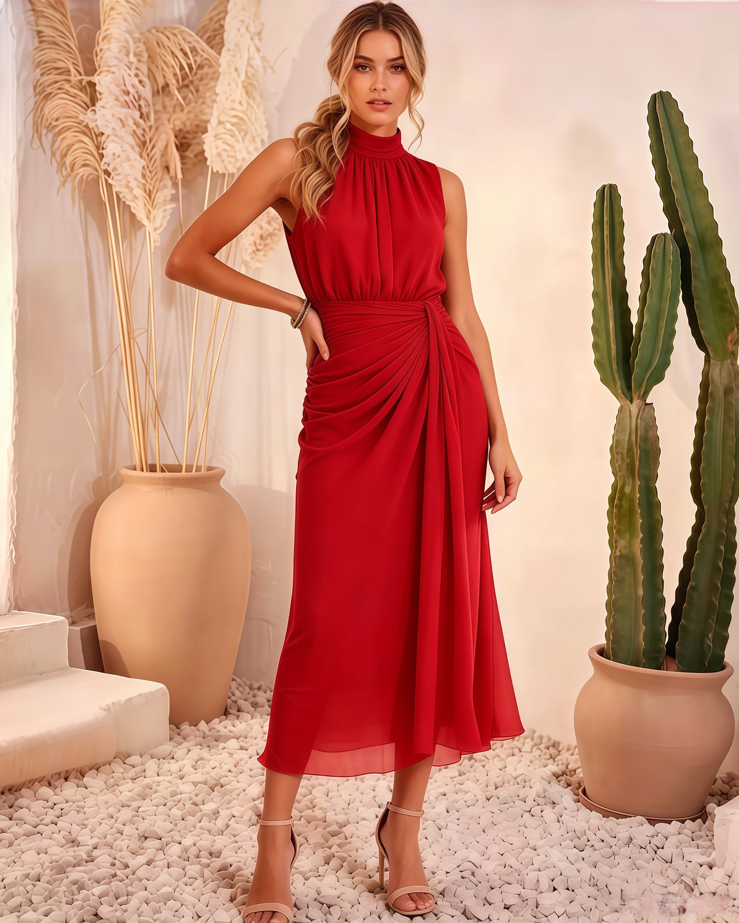High Neck Chiffon Midi Formal Dress with Ruched Waist