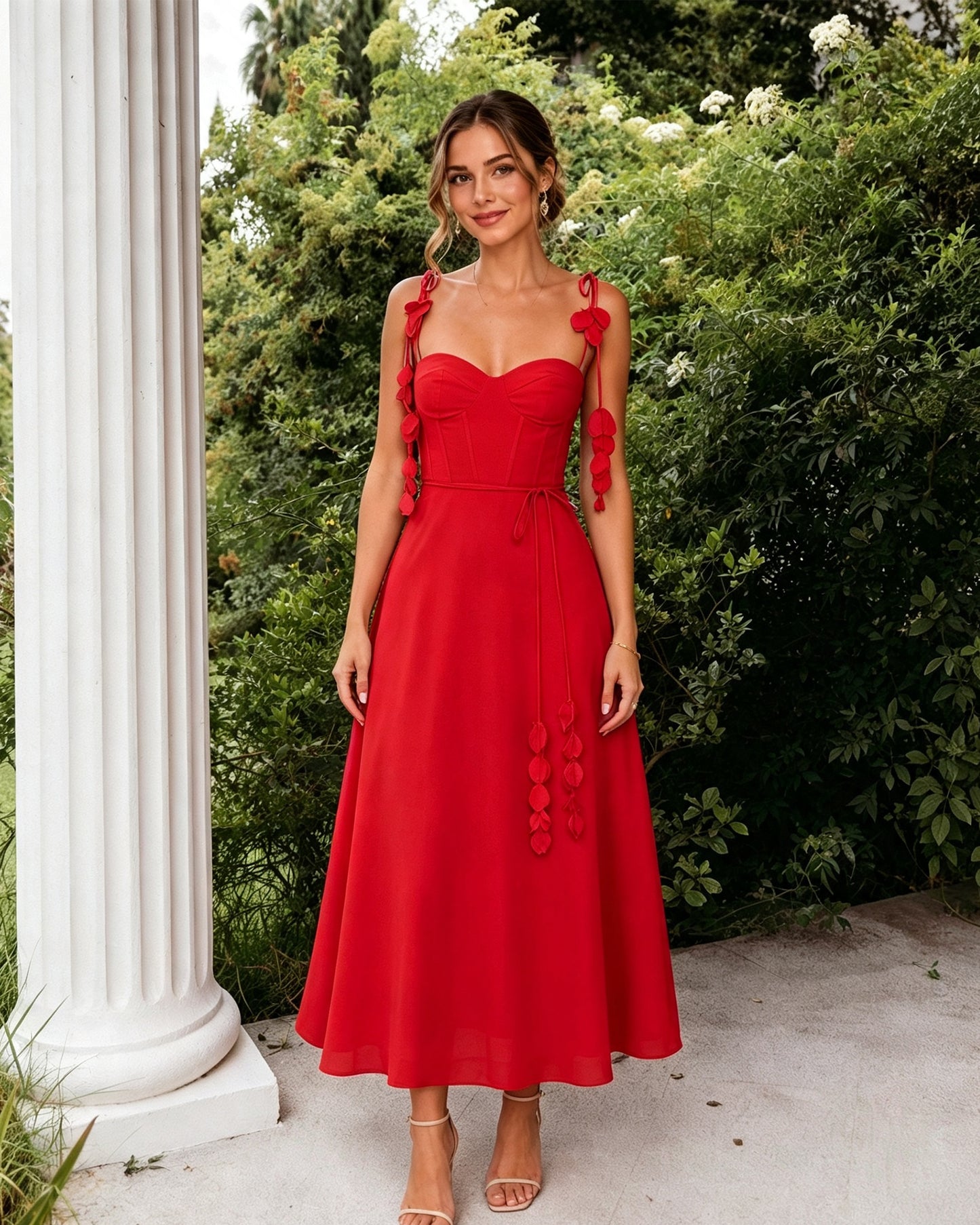 Sweetheart Floral Strap A-Line Midi Bridesmaid Dress with Corset Bodice