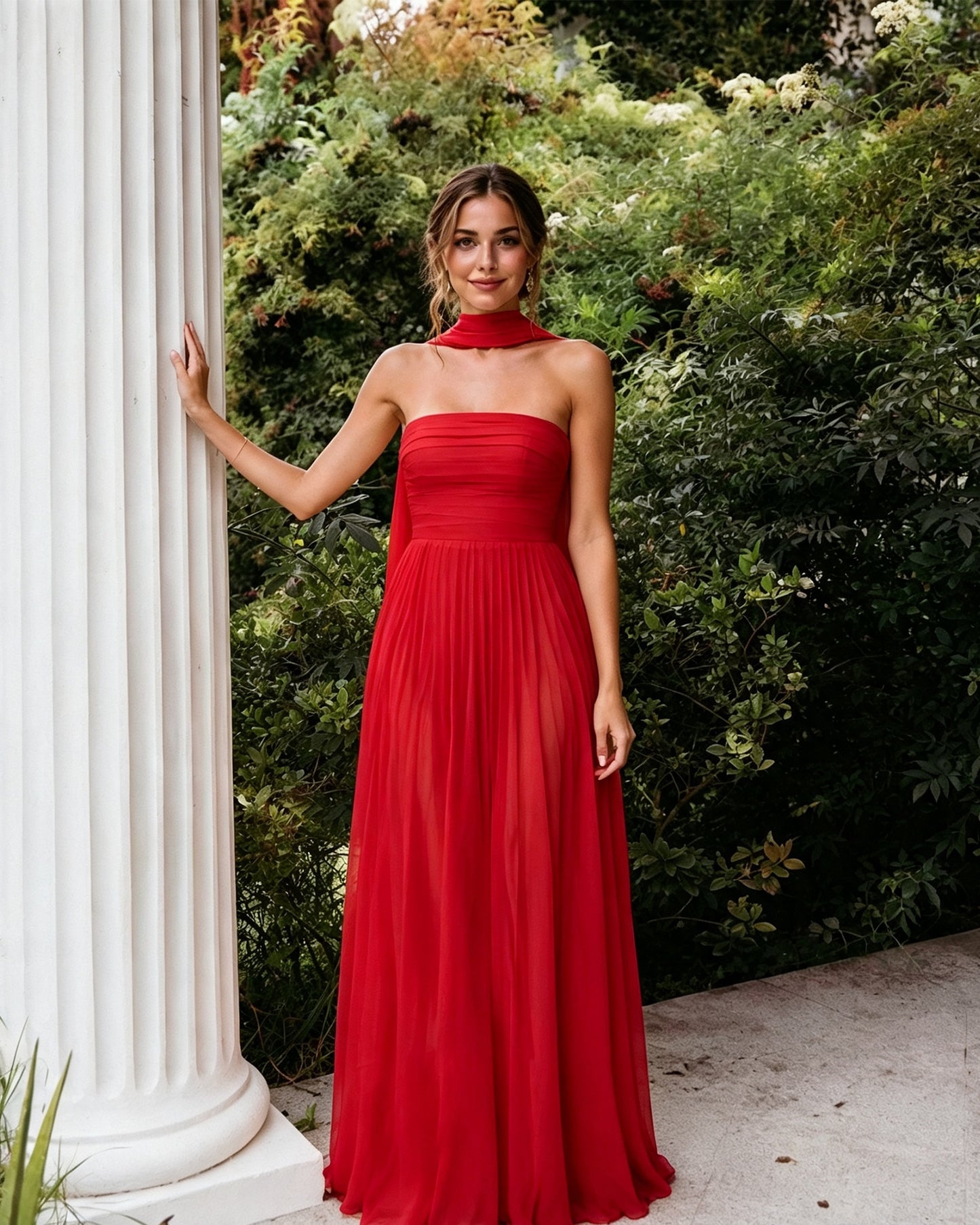 Strapless Chiffon A-Line Bridesmaid Dress with Neck Scarf and Lace-Up Back