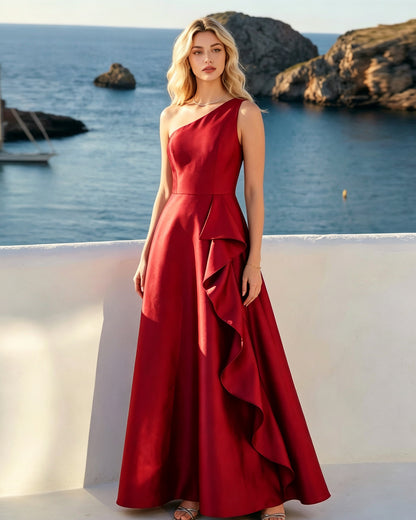 One Shoulder Satin Ball Gown with Cascading Ruffle dress