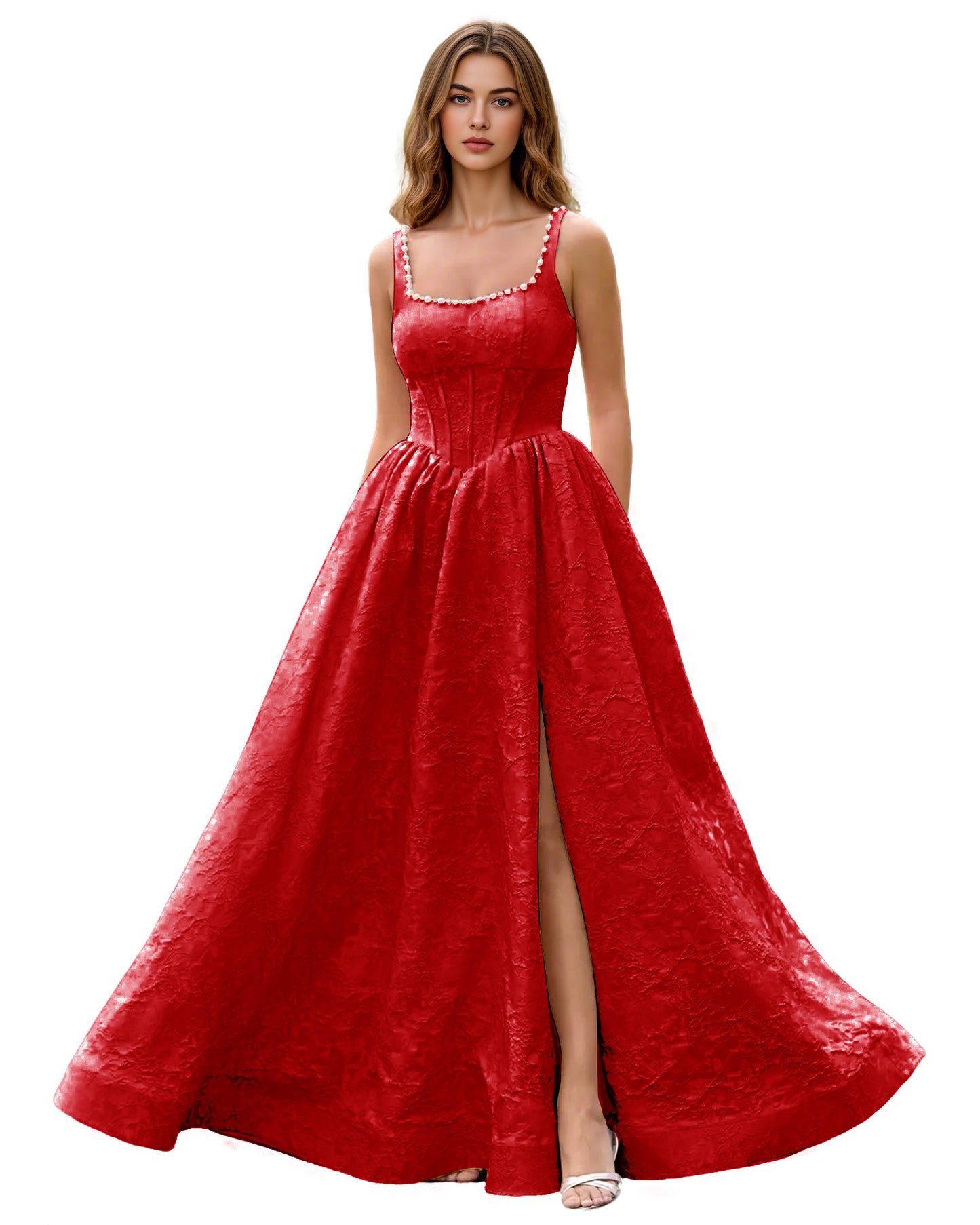 Square Neck Jacquard Ball Gown Prom Dress with Wide Straps and Pockets