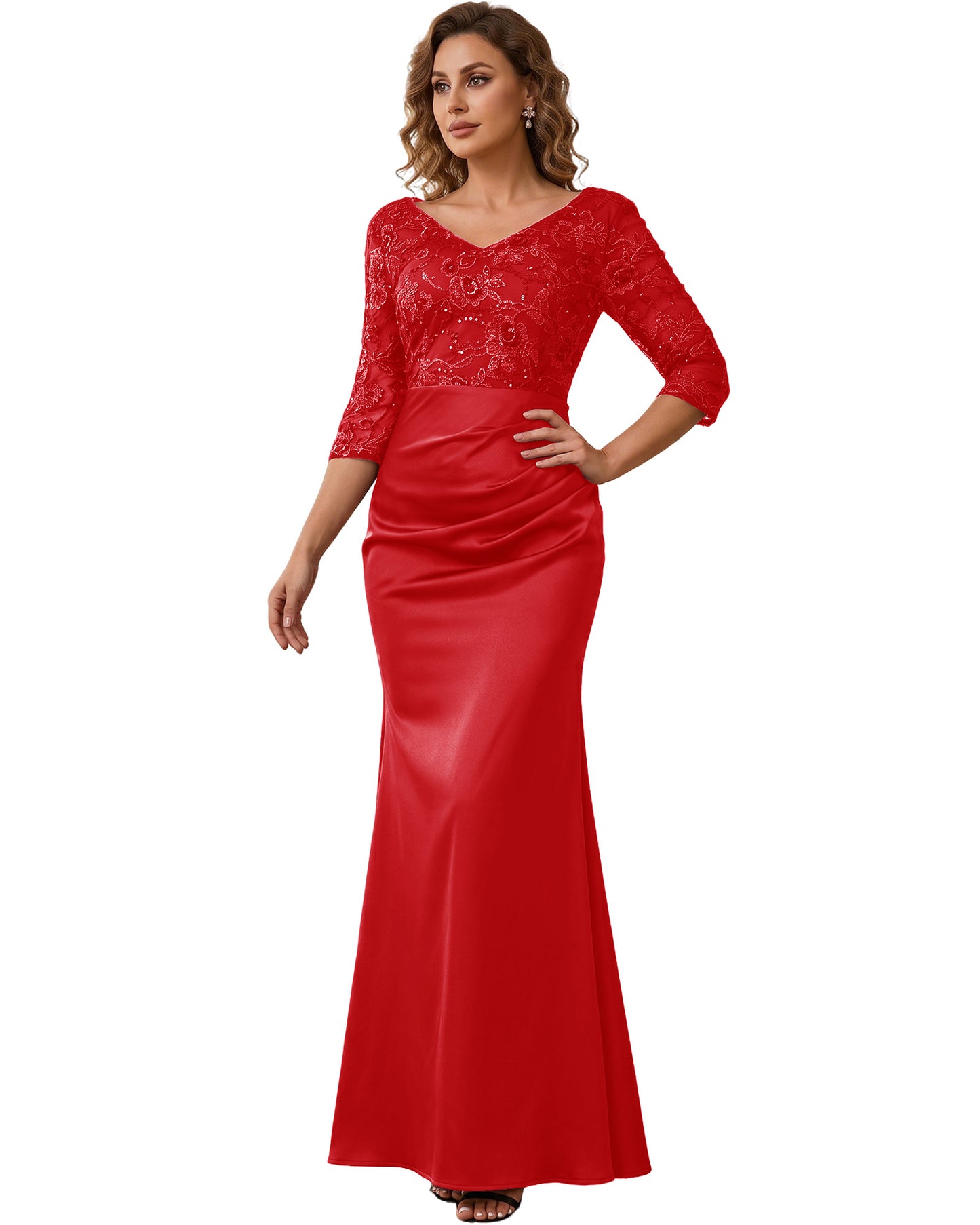 Mother of the Bride Dress Long Lace Mermaid Formal Gown with 3/4 Sleeves