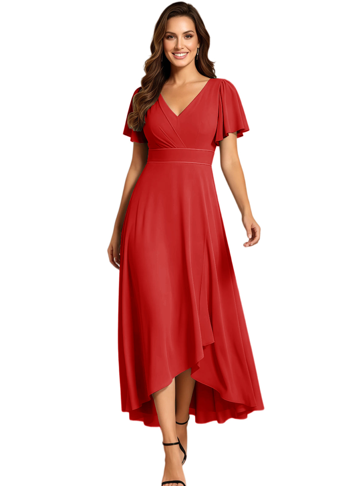 High Low Mother of the Bride Dress V-Neck Flutter Sleeve Chiffon Formal Gown