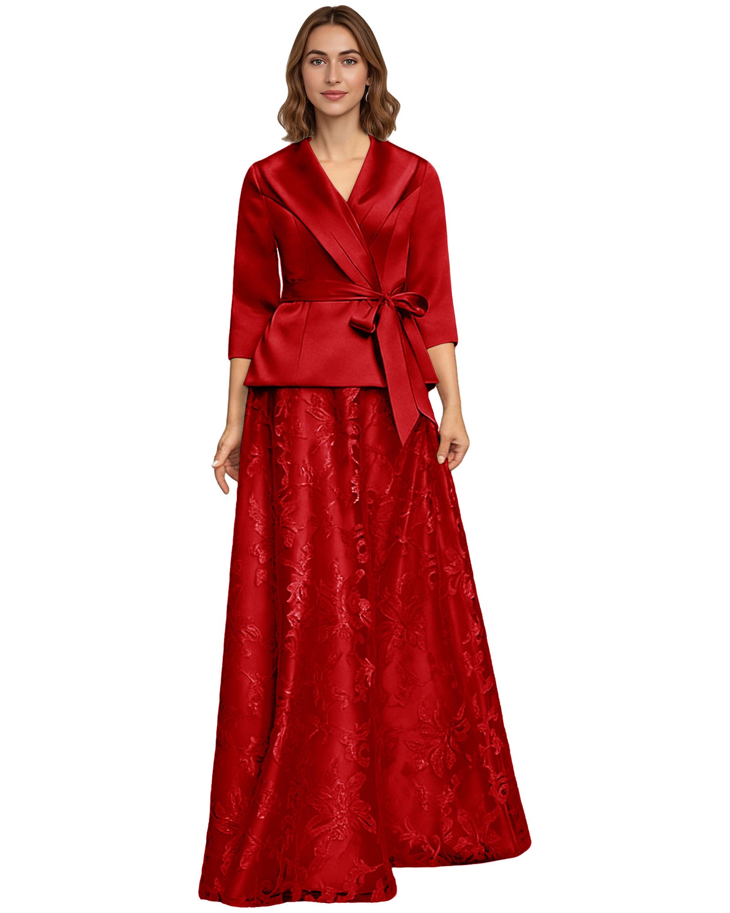 Two Piece Mother of the Bride Dress Satin Wrap Top Embroidered Long Skirt Formal Set