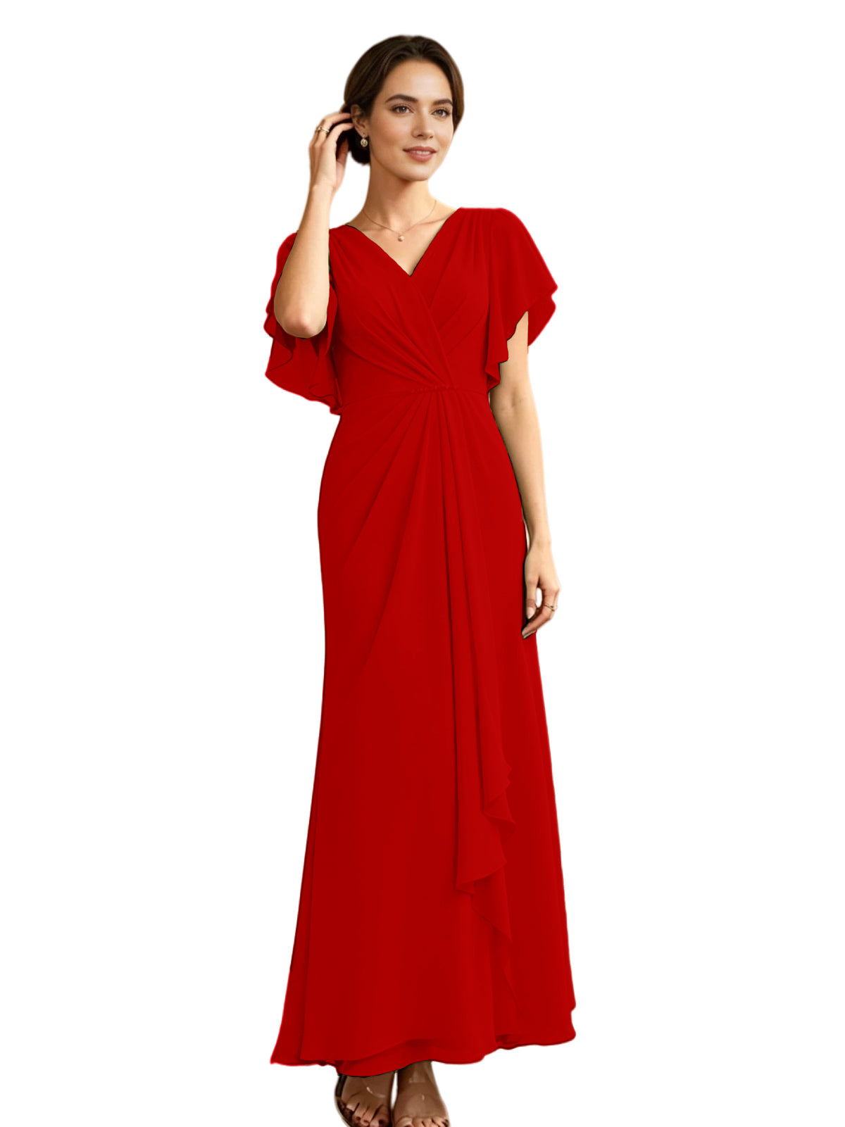 Long Chiffon Mother of the Bride Dress V-Neck Flutter Sleeve A-Line Gown with Beaded Waist