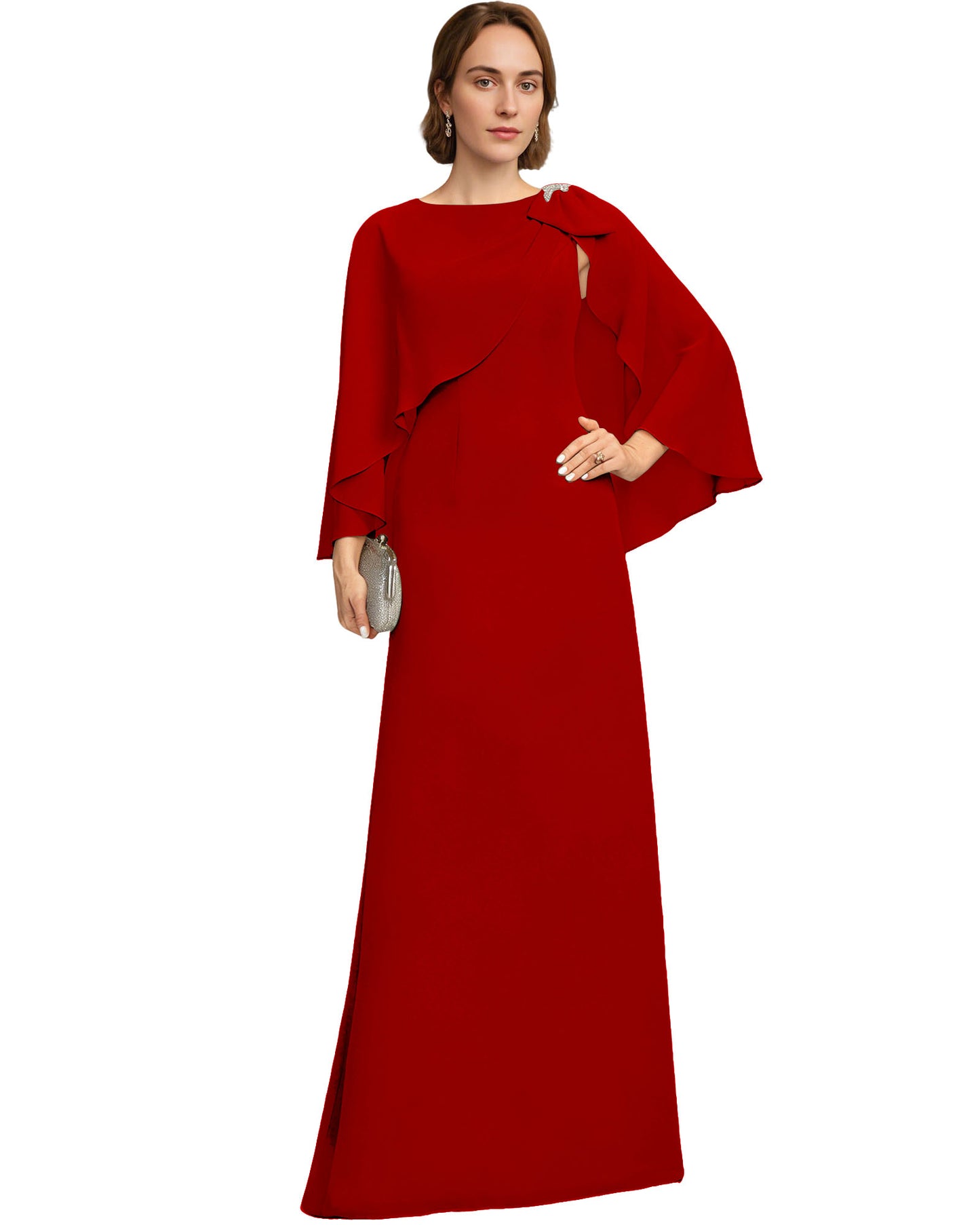 Long Cape Sleeve Mother of the Bride Dress Jewel Neck Chiffon Column Gown with Bow Detail