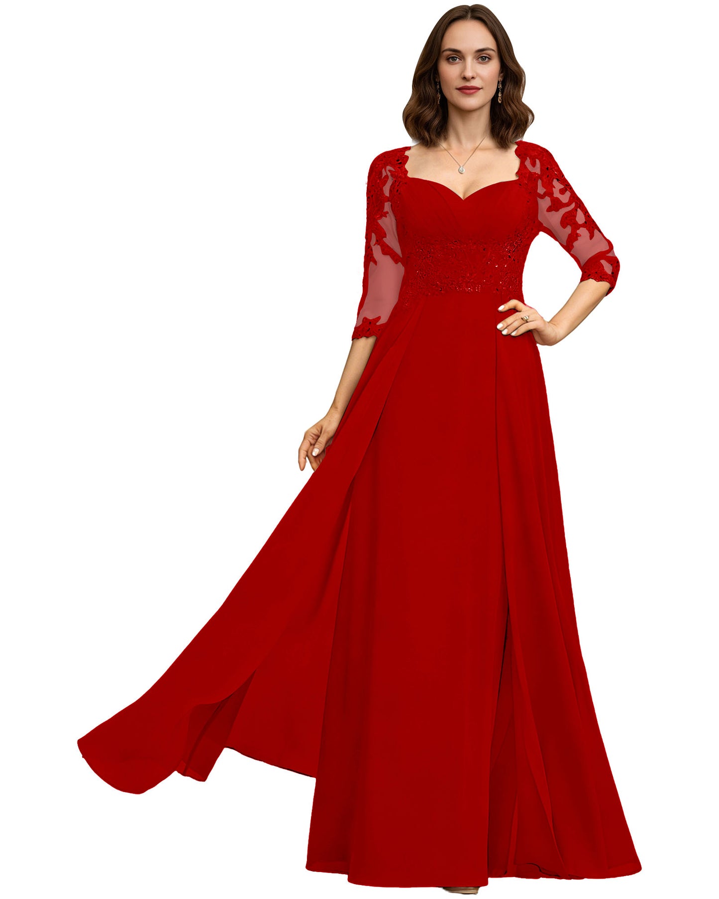 Long Sweetheart Mother of the Bride Dress Lace 3/4 Sleeve Chiffon A-Line Gown