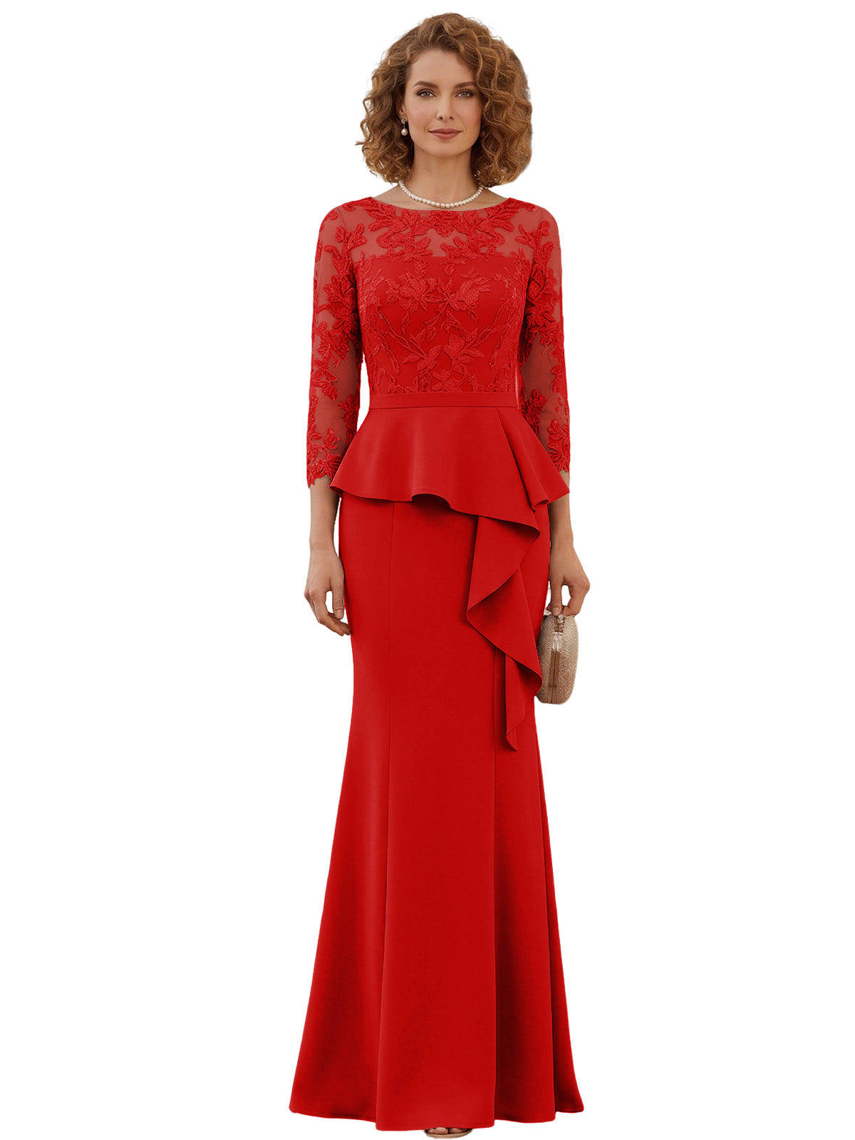 Long Mother of the Bride Dress Lace Illusion Bodice Peplum Mermaid Formal Evening Gown