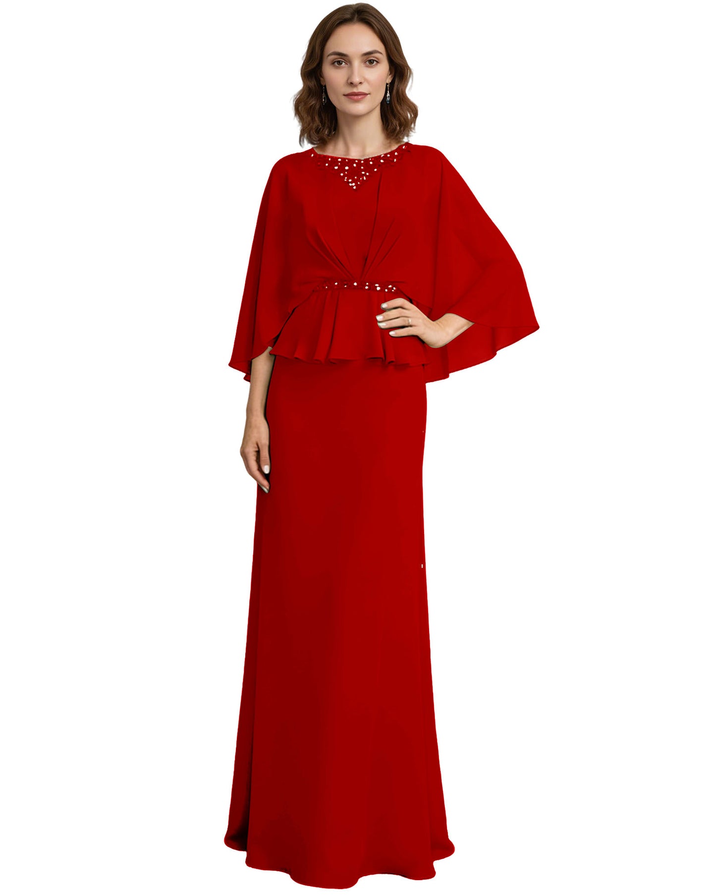 Capelet Mother of the Bride Dress Long Beaded Neck Peplum Chiffon Formal Gown