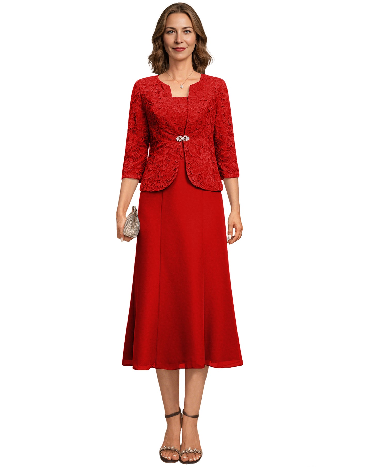 Tea Length Mother of the Bride Dress Lace Jacket Chiffon A-Line Wedding Guest Outfit