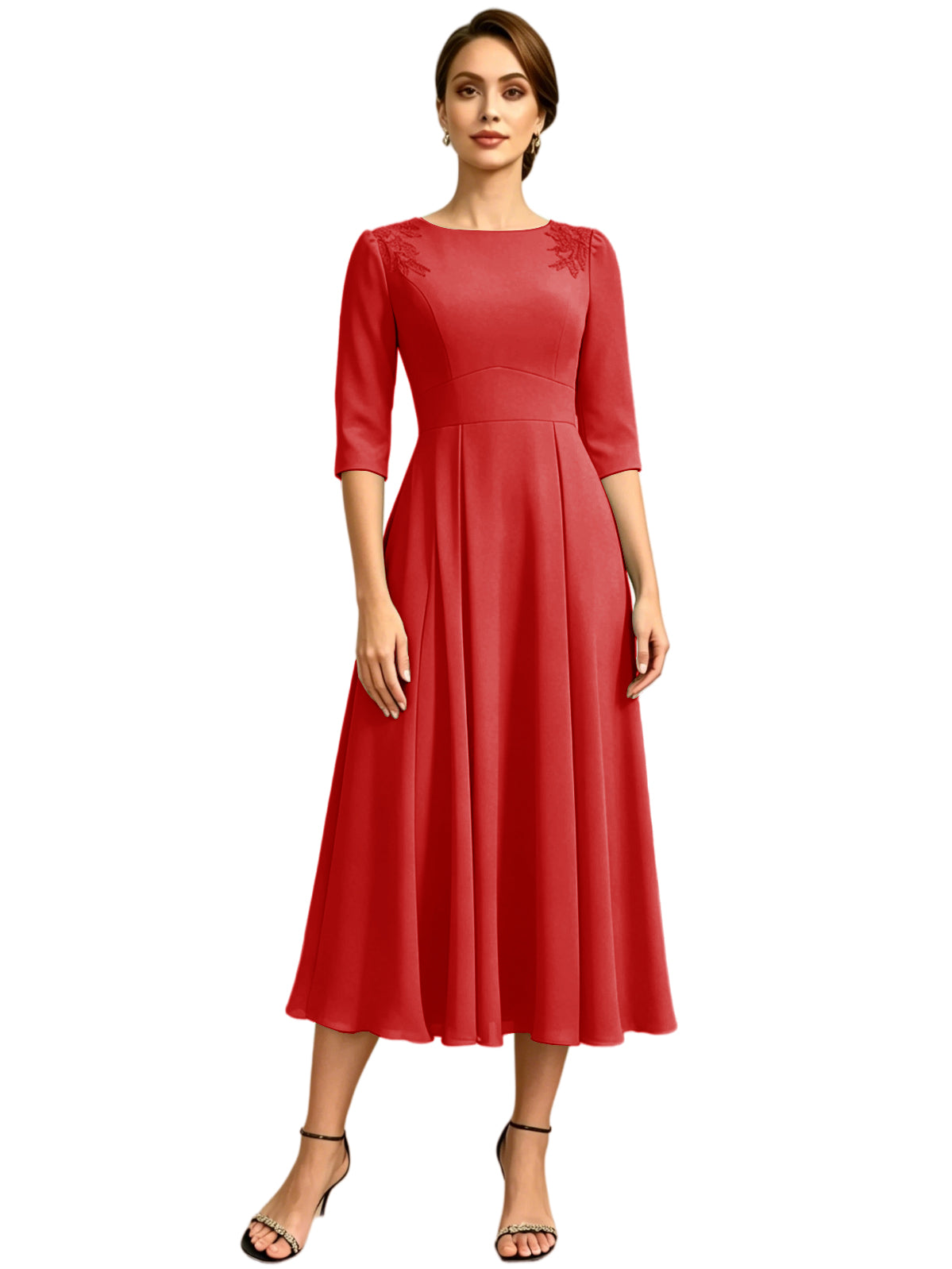 Tea Length Mother of the Bride Dress Jewel Neck Chiffon A-Line Formal Gown with Embroidery
