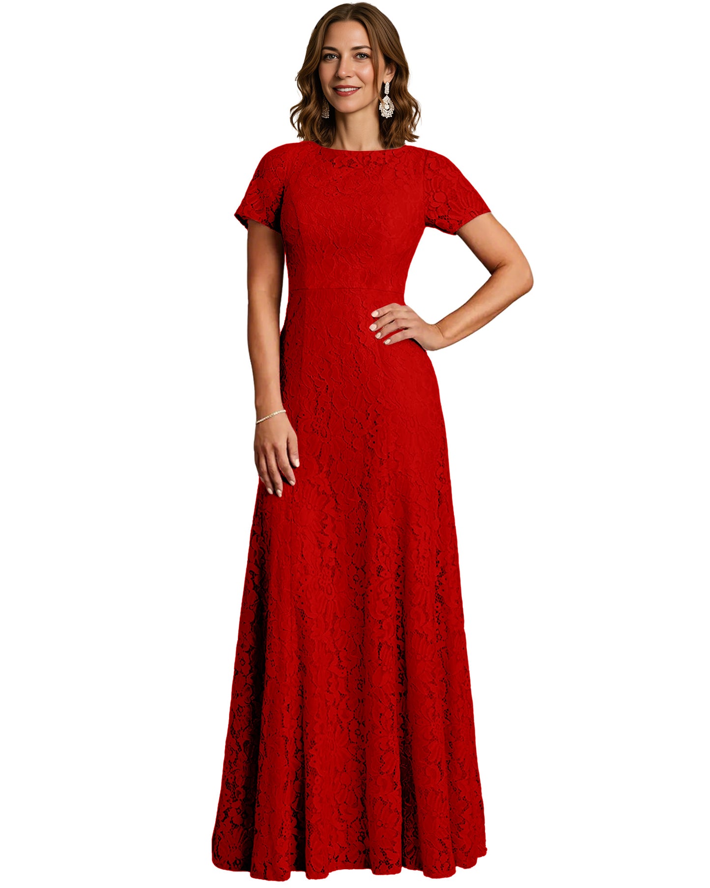 Long Lace Mother of the Bride Dress Short Sleeve Mermaid Gown with Crew Neckline