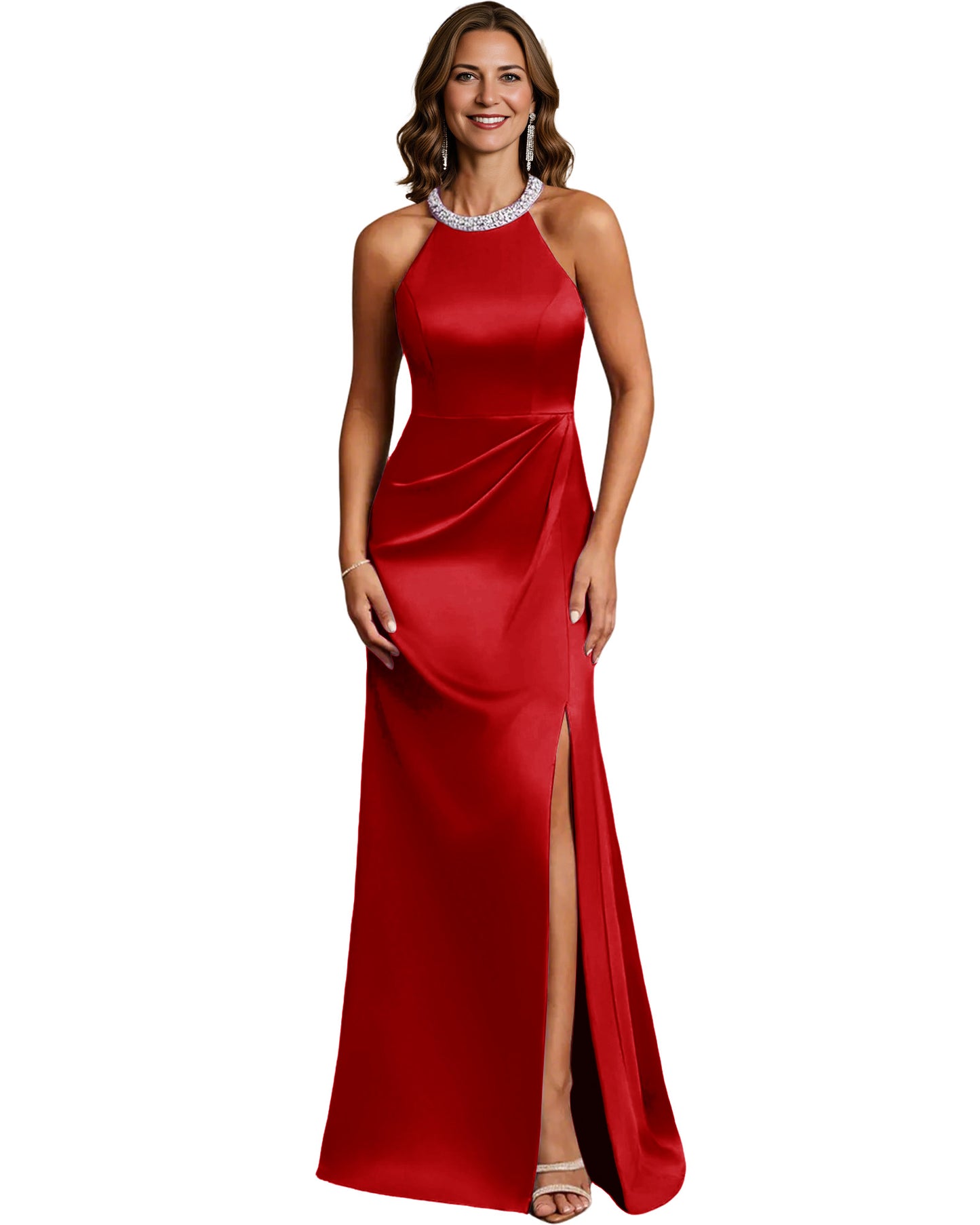 Halter Neck Mother of the Bride Dress Satin Mermaid Gown with Beaded Collar and Slit
