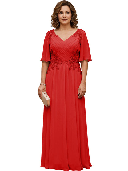 Mother of the Bride Dress Long Chiffon A-Line Gown with Flutter Sleeves and Beaded Lace