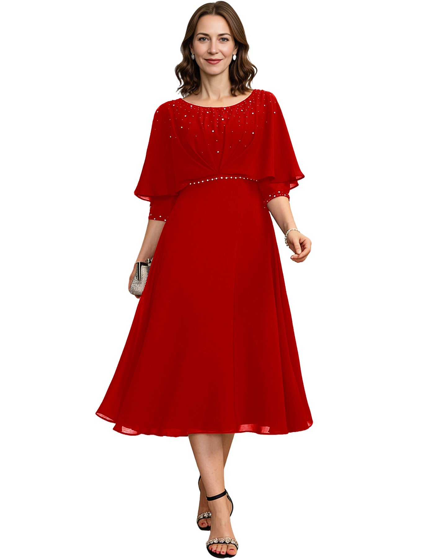 Beaded Cape Mother of the Bride Dress Tea Length Chiffon A-Line Formal Guest Gown