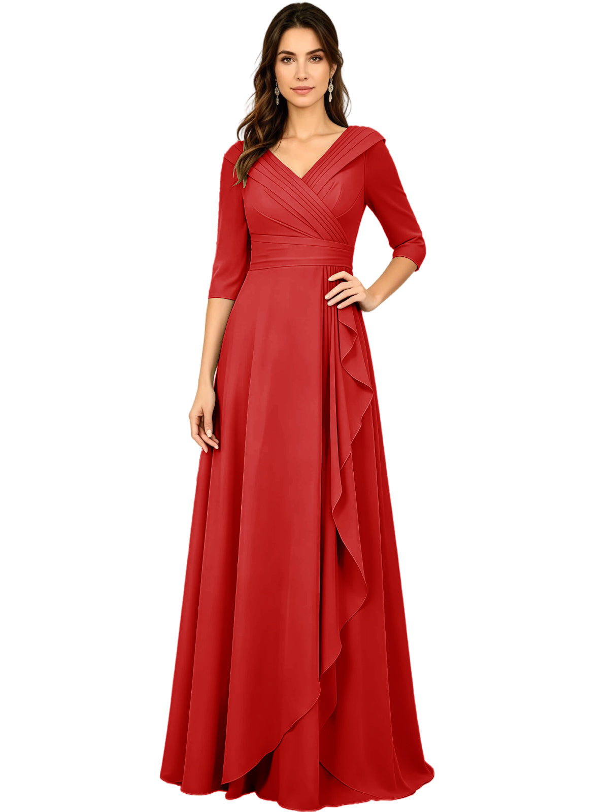 Long V-Neck Mother of the Bride Dress Chiffon Half Sleeve A-Line Gown with Side Ruffle