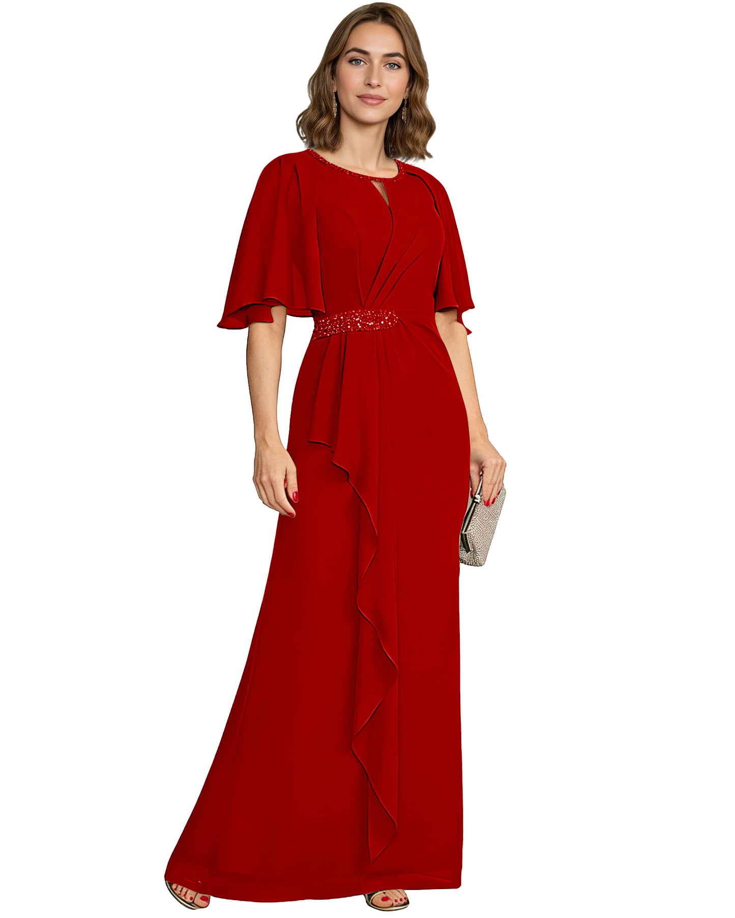 Long Mother of the Bride Dress Chiffon Flutter Sleeve Beaded Waist Formal A-Line Gown