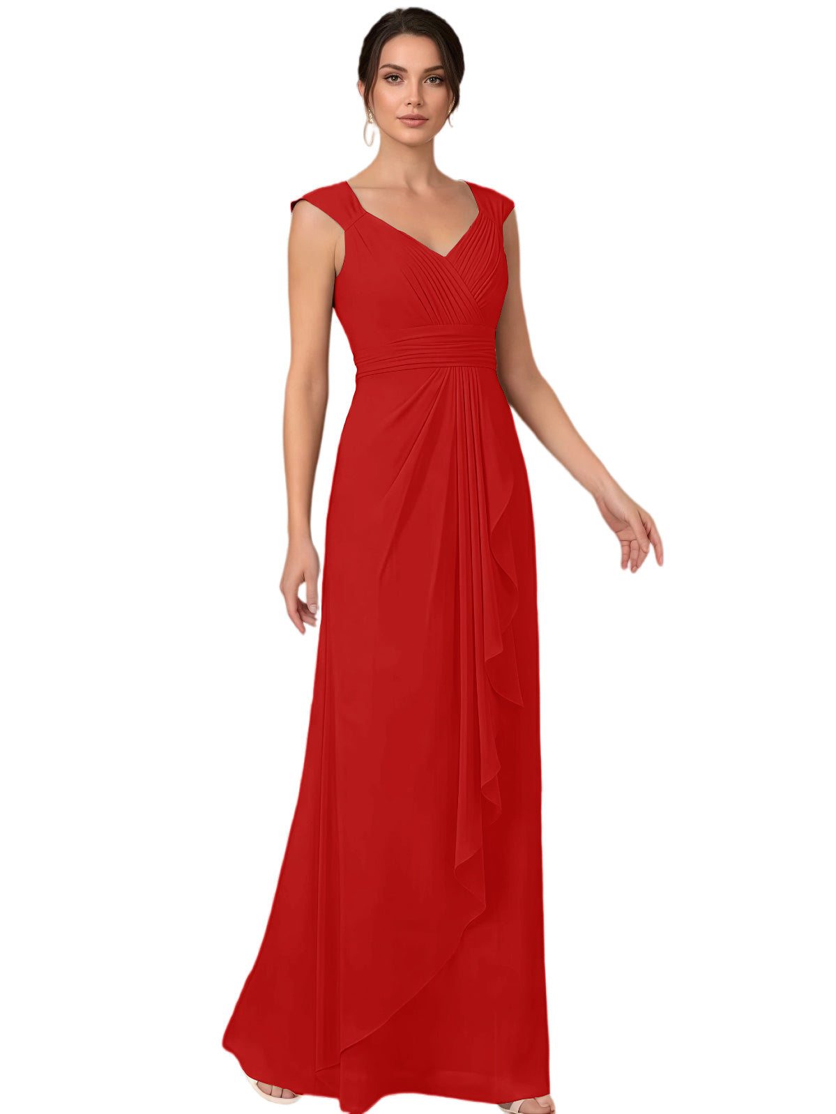 Mother of the Bride Dress Long Sleeveless V-Neck Chiffon Formal Gown with Ruffle Detail