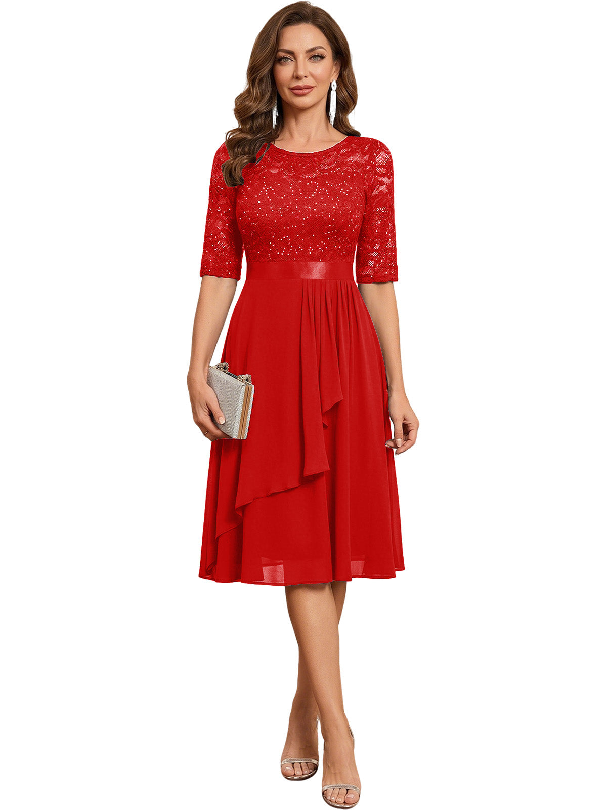 Knee Length Mother of the Bride Dress Sequined Lace Bodice Chiffon Skirt Formal Guest Outfit