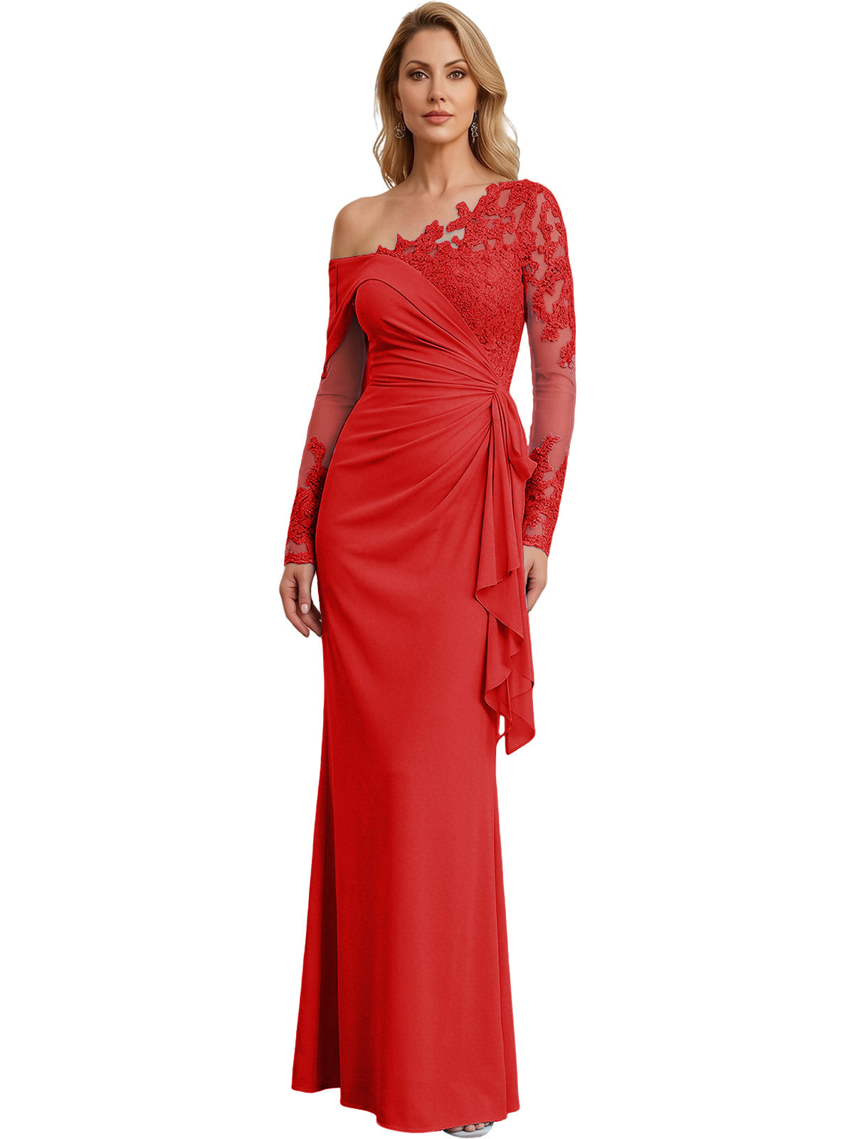 One Shoulder Mother of the Bride Gown Long Lace Sleeve Mermaid Dress with Draped Ruffle
