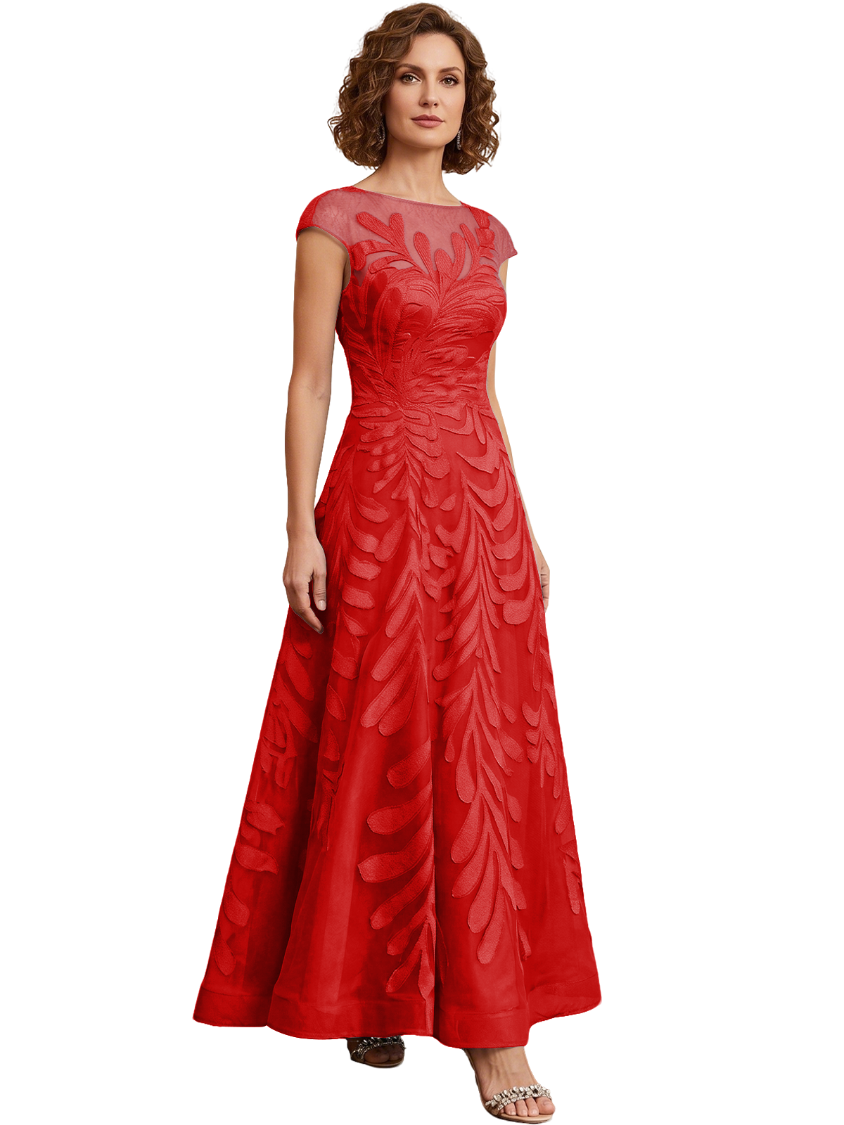 Embroidered Tulle Mother of the Bride Dress Long A-Line Gown with Illusion Cap Sleeves