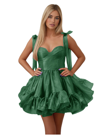 Bow Shoulder Satin Corset Ruffle Homecoming Dress