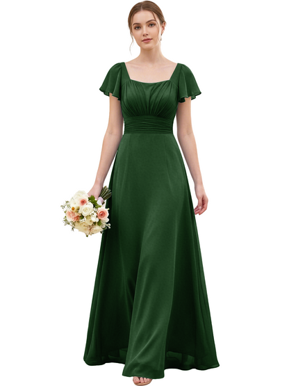 Square Neck Chiffon Bridesmaid Dress with Flutter Sleeves and Lace-Up Back