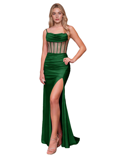 Cowl Neck Satin Mermaid Prom Dress with Spaghetti Straps and Slit