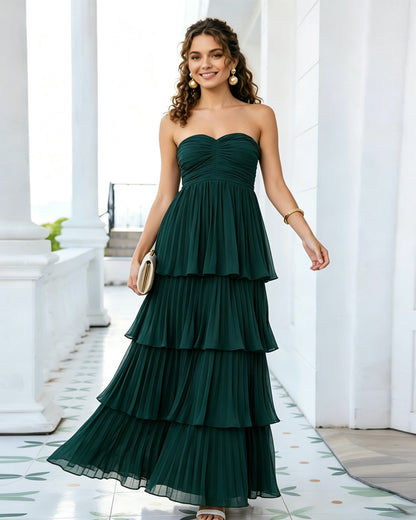 Strapless Tiered Pleated Formal Dress with Ruffle dress
